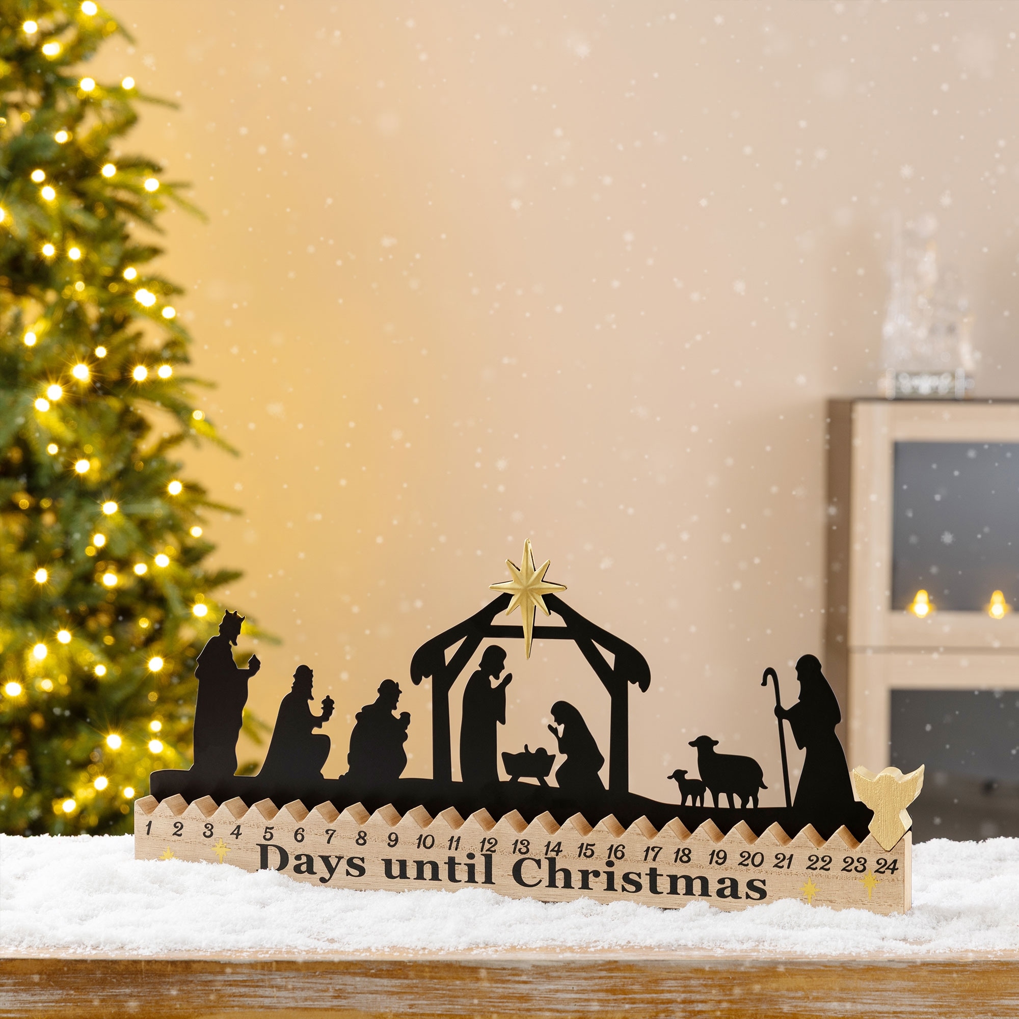 Glitzhome 18"L Christmas Wooden & Metal Nativity Advent Calendar Decor