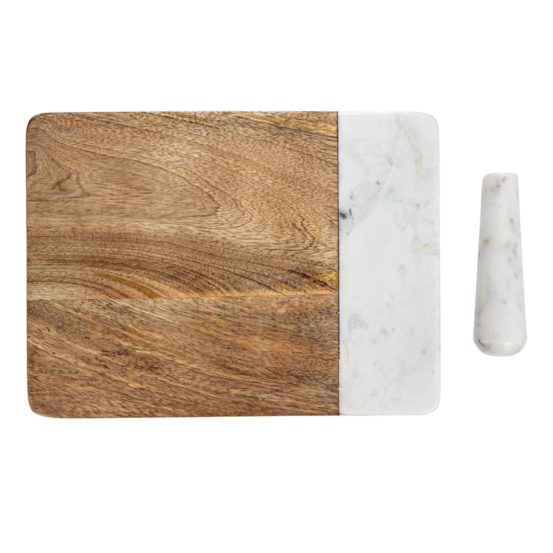 Mango Wood and Marble Cheese and Cutting Board with Pestle - 12.0"L x 9.0"W x 0.8"H