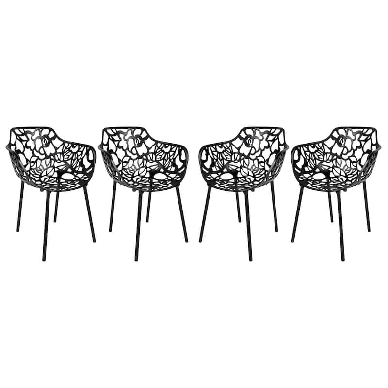 Devon Outdoor Aluminum Dining Chair with Floral Cutout, Stackable, Weather-Resistant, UV-Protected, Indoor/Patio Seating - Black