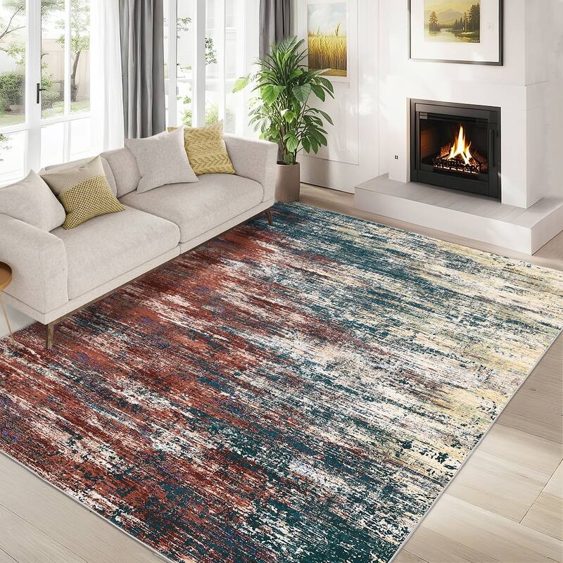 Area Rug Living Room Rugs Modern Abstract Soft Indoor Rug Low Pile Non Slip Accent Carpet - 9'x12' - Red/Green