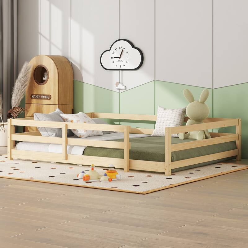 Twin/Full Montessori Floor Bed with Safety Fence - Wood Kids Floor Bed for Boys & Girls