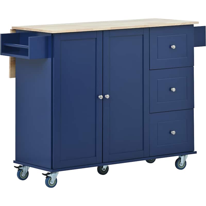 Mobile Kitchen Island with Folding Panels, Locking Wheels and Storage Cabinets, for Kitchen (Dark Blue)