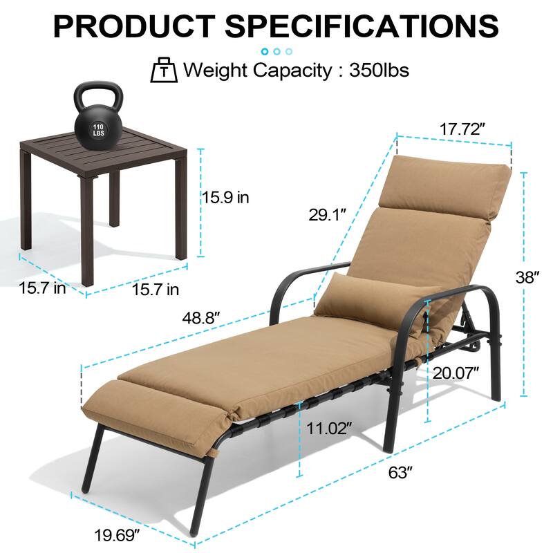 Outdoor Cushioned Chaise Lounge Chairs Adjustable Reclining Sun Lounger with Side Table