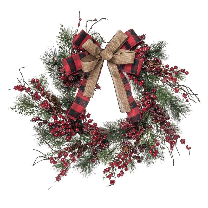 Transpac Artificial 24 in. Multicolored Christmas Buffalo Check and Berry Wreath