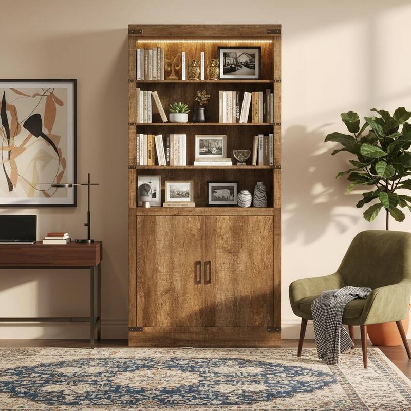 Merax Farmhouse Style Bookcase with 3-Tier Adjustable Shelves and LED Lighting