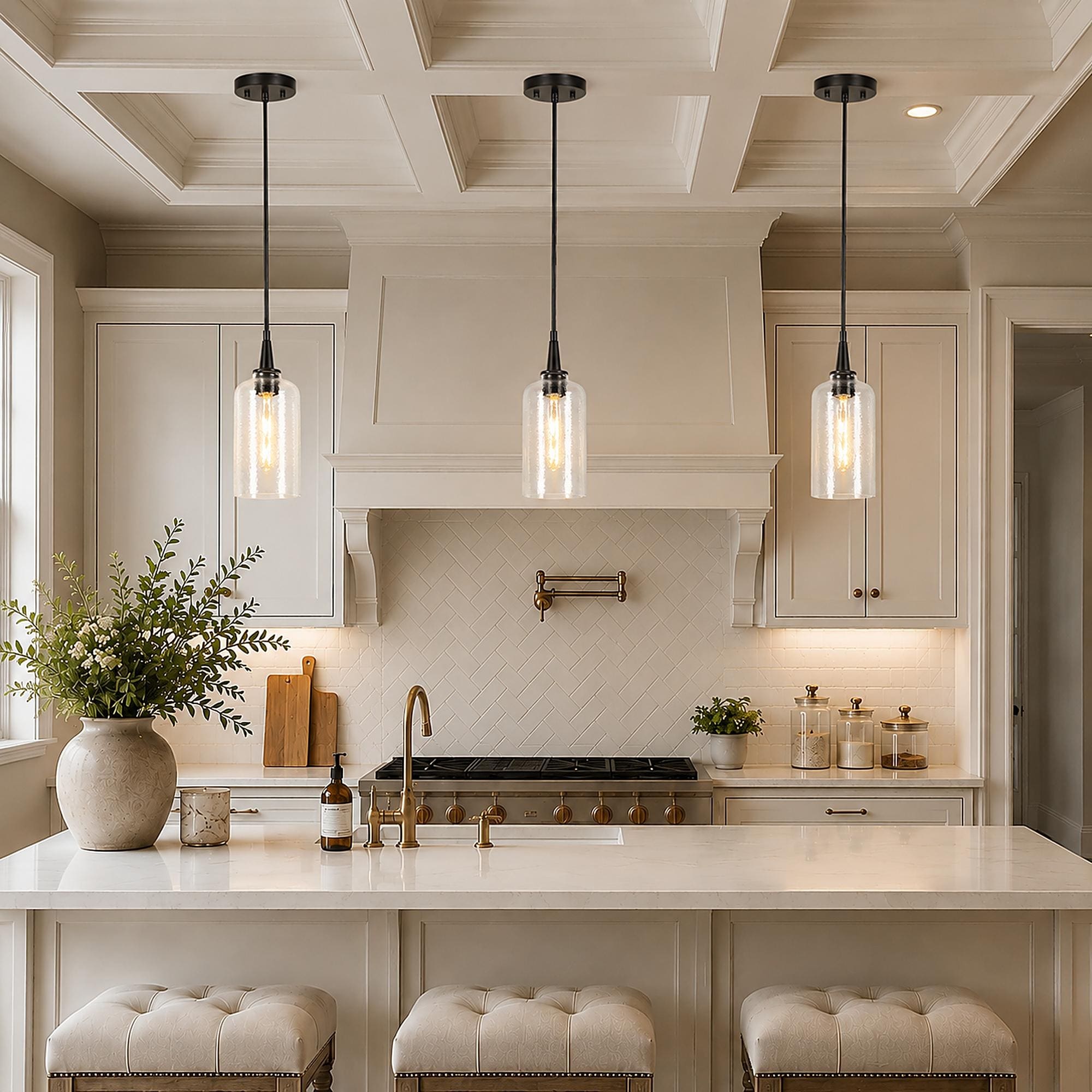 LALUZ Modern Farmhouse 1-Light Hammered Glass Pendant Light for Kitchen Island Dining Room
