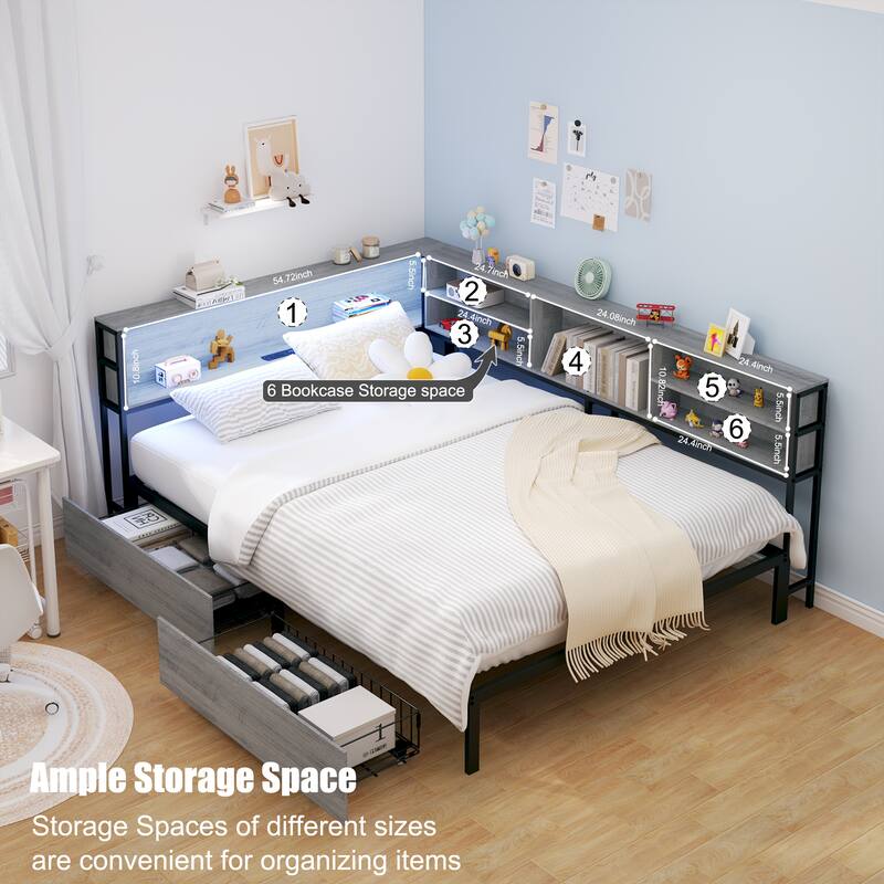 Kids Corner Bed with Storage, Twin/Full Daybed with Drawers, Bookcase Headboard with Charging Station & LED Lights