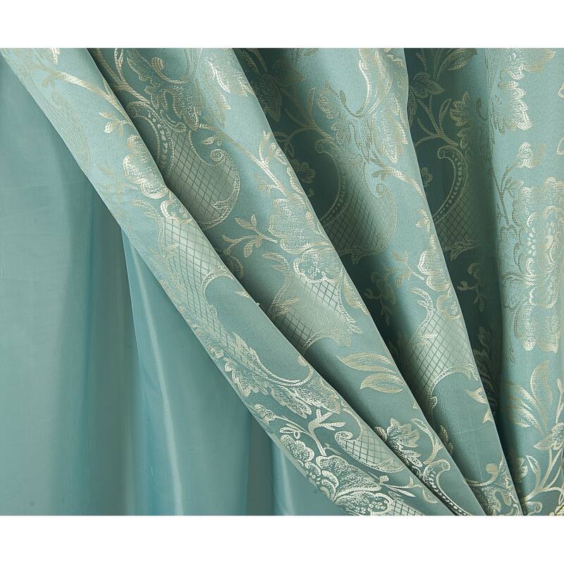 Rosalie Floral/Damask Textured Jacquard Single Rod Pocket Curtain Panel w/ Attached Valance - 54 x 84 in. - 54 x 84 in.