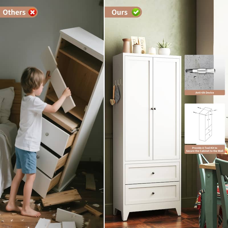 72 Inch White Pantry Cabinet with 2 Drawers, Freestanding Kitchen Storage Cabinet with Adjustable Shelves