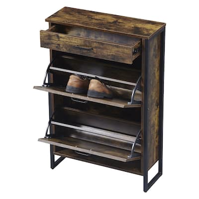 Narrow Wall-Mounted Shoe Cabinet, 2 Flip Drawers & 1 Drawer, Rustic Brown Shoe Rack Organizer for Small Spaces