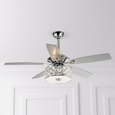 52 in. Indoor Chrome Crystal Chandelier Ceiling Fan with Light and Remote Control - 52 in. W X 52 in. D X 19.3 in. H