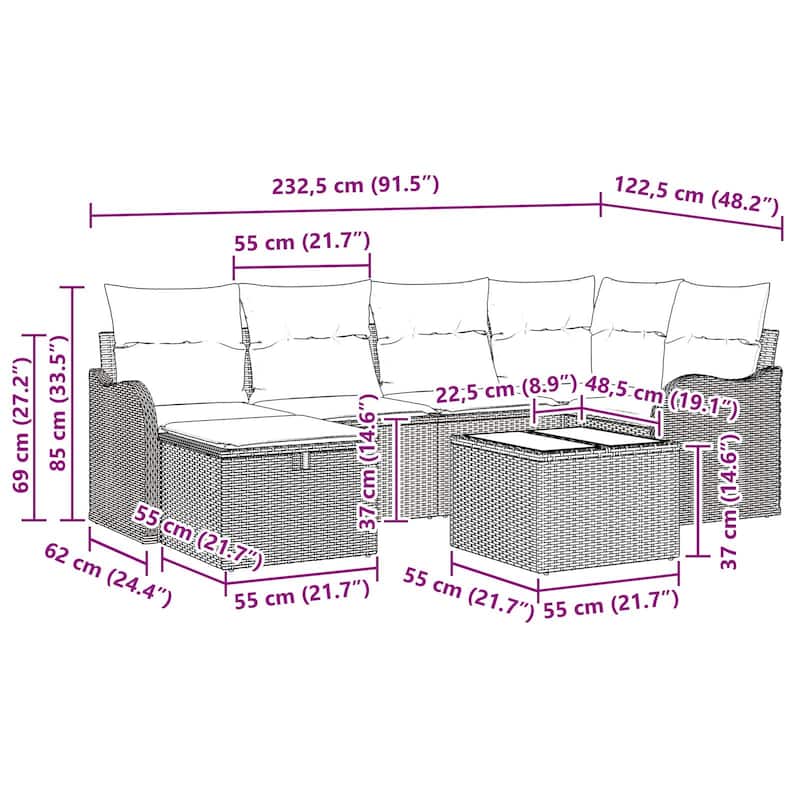 vidaXL 6/7 Garden Sofa Set with Cushions Black/Brown/Grey Poly Rattan - 91.5 x 48.2 x 27.2