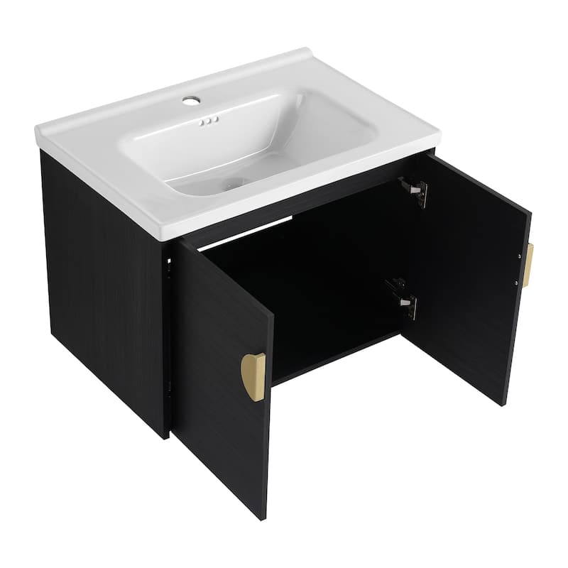 28 Inch Plywood Wall Mounted Bathroom Vanity Set in Black with Integrated Ceramic Basin