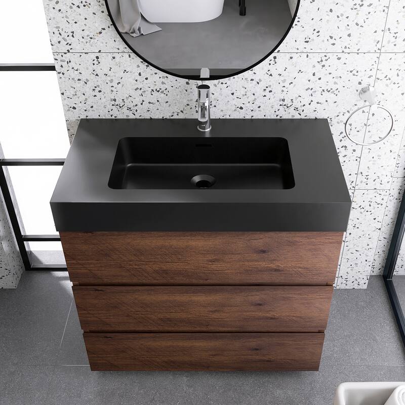Freestanding Bathroom Vanity with Black Solid Surface Top