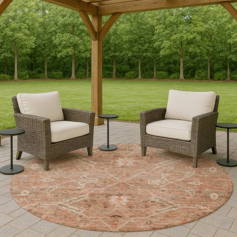 Machine Washable Indoor/ Outdoor Vintage Traditional Chantille Rug - Coral - 8' x 8'