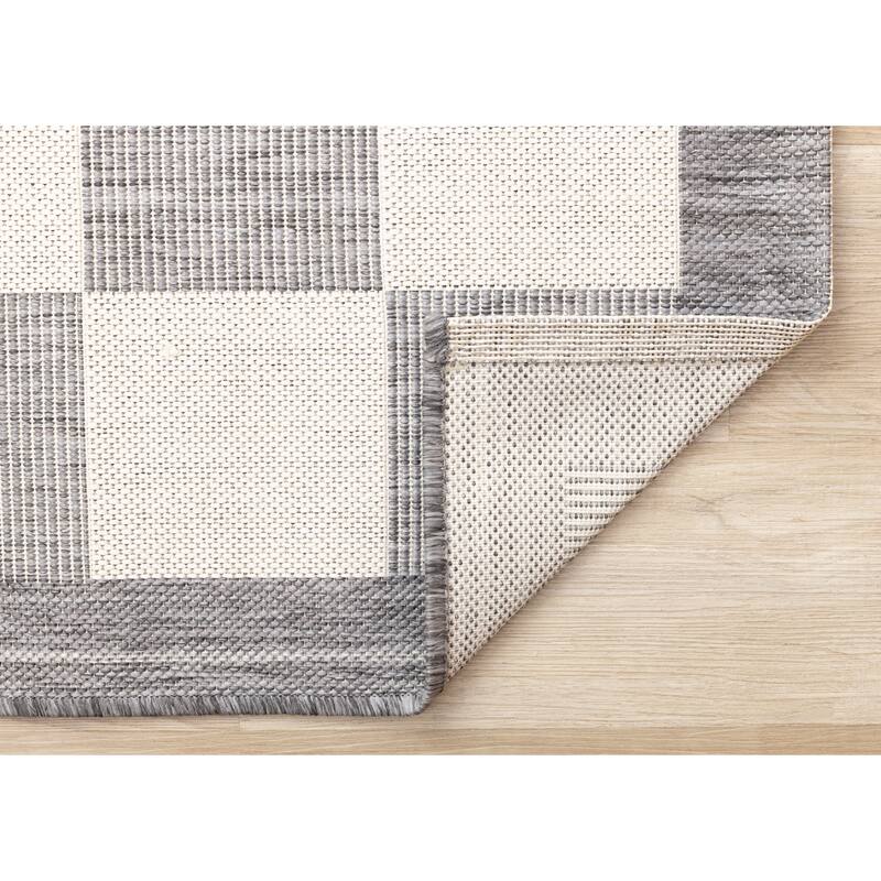 Jackson Collection - Grey Cream Border Checkerboard Indoor Outdoor Area Rug