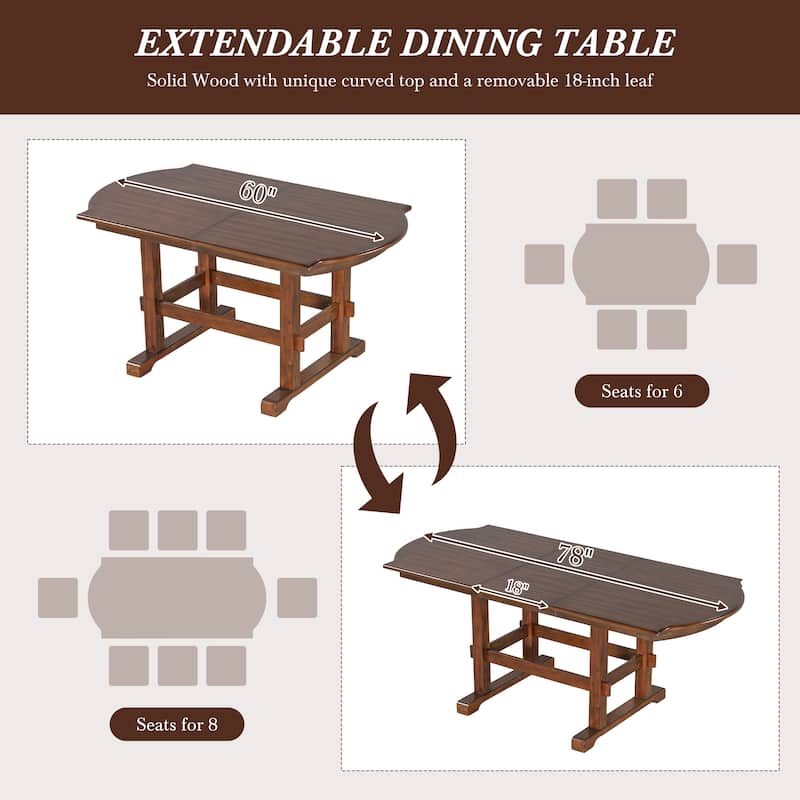 6-Piece Extendable Dining Set with Curved Top Table, Wood Kitchen Table Set with Upholstered Chairs & Bench