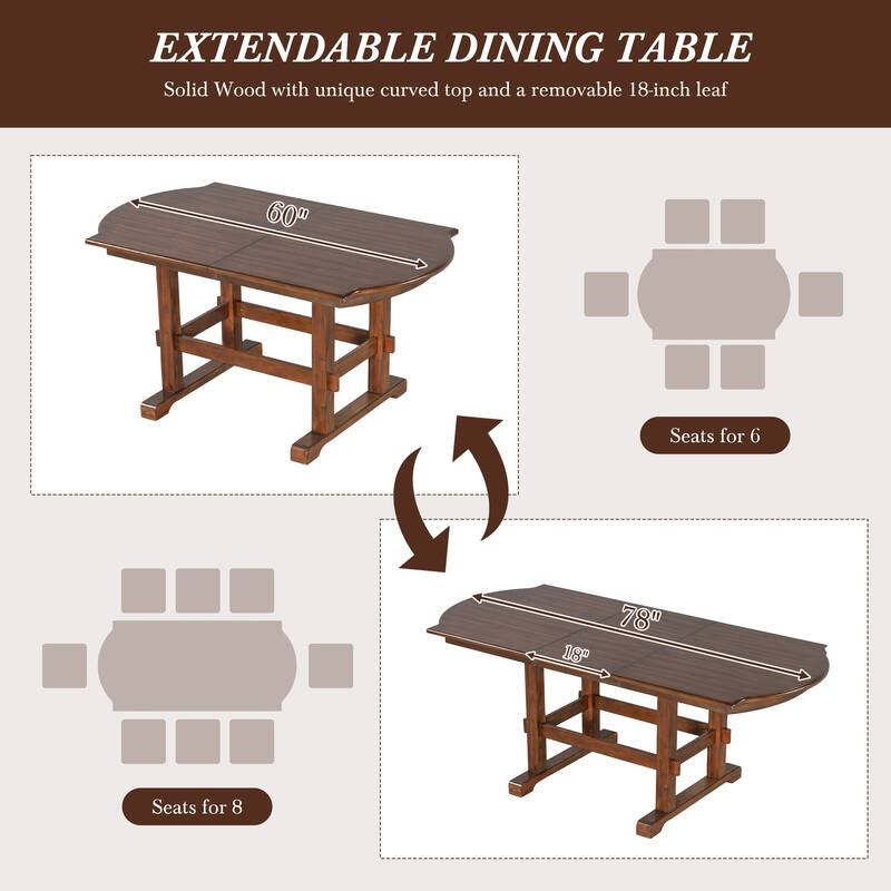 78'' Extendable Wood Dining Table Set for 6 with Bench, Removable Leaf and 4 Upholstered Dining Chairs