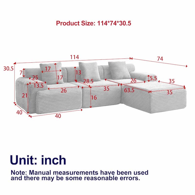 Inlaid Structural Sleeper Sectional Sofa Bed with Ottoman, Corduroy Modular Boneless Couch with Wider Armrests and Backrests