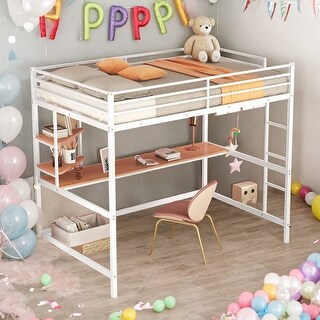 Full Size Loft Bed With Desk and Shelve,Solid Construction