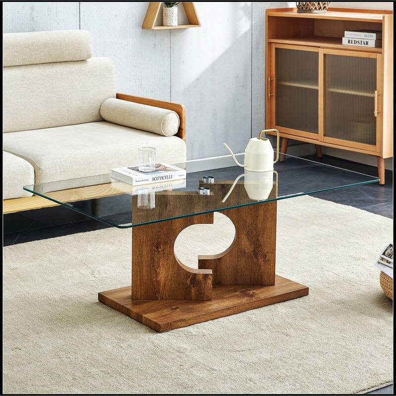 Rectangular Coffee Table with Tempered Glass Tabletop and White MDF Legs - Natural Wood