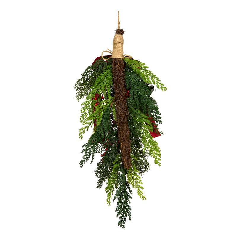 National Tree Company 28 in. Artificial Christmas Joy Teardrop Swag with Red Berries and Bow - 28 in