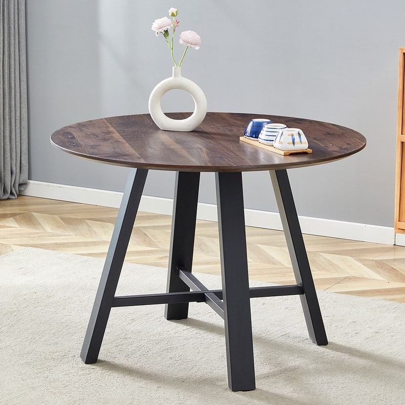 42" Modern Round Dining Table & Coffee Table - Dark Wood Grain Top with Black Metal Legs