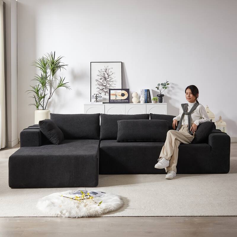 Modern Chenille Upholstered Sectional Sofa Couch Set,Modular L Shaped Sectional Living Room Sofa Set With 6 Pillows(Left Chaise)