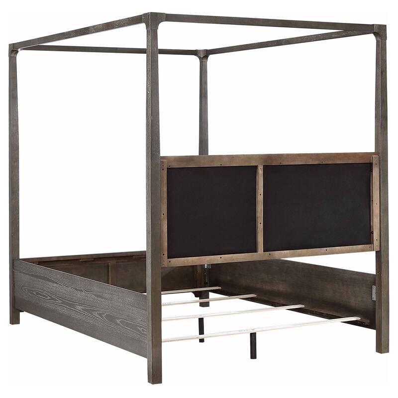 Dark Cocoa Queen Canopy Bed with Upholstered Headboard, Transitional Design