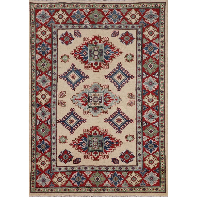 Ivory Kazak Area Rug Hand-Knotted Wool Carpet - 3'11" x 5'6"