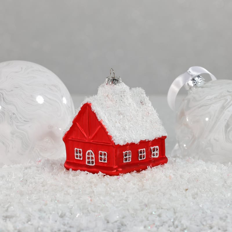 Glass Red House with White Roof Christmas Hanging Ornaments, Set of 12