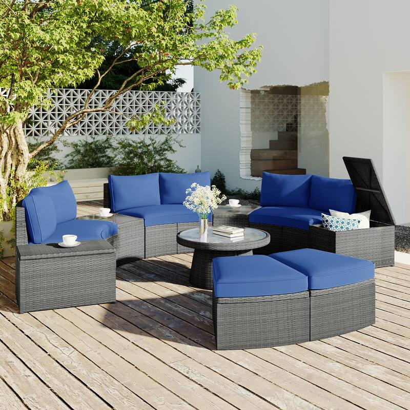 10-Piece Outdoor Sectional Half Round Patio Rattan Sofa Set, PE Wicker Conversation Furniture Set for Free Combination