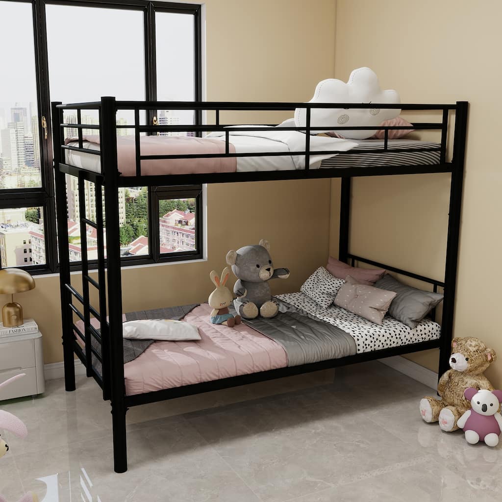 Convertible Twin Over Twin Metal Bunk Bed with Ladders & Guardrail for Kids, No Spring Box Required