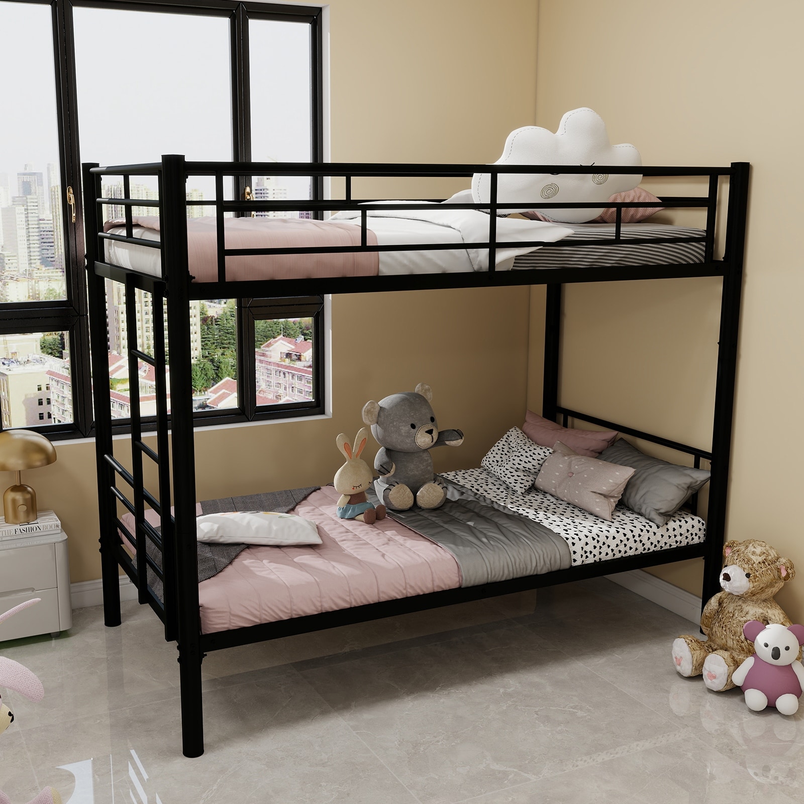 Twin Over Twin Metal Bunk Bed for Kids Boys Girls with Ladders & Guardrail