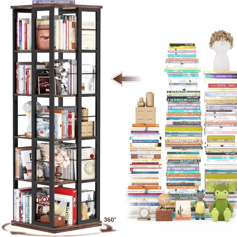 5-Tier Corner Rotating Bookshelf, 360 Display Wood Spinning Bookshelf, Floor Standing Bookcase Organizer Storage Rack