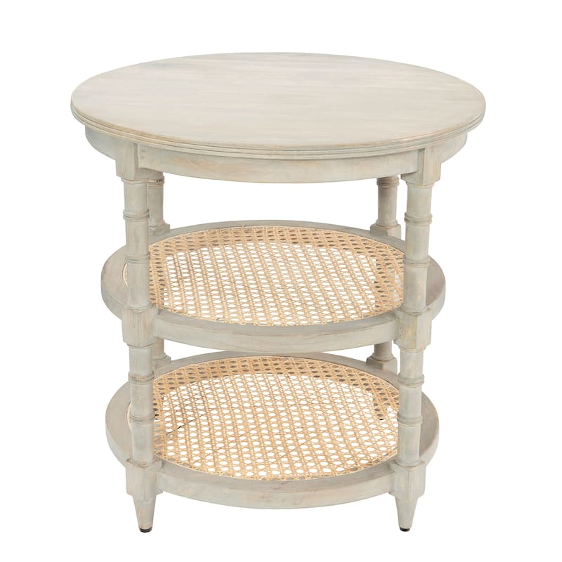 Round Mango Wood Table with 2 Cane Shelves