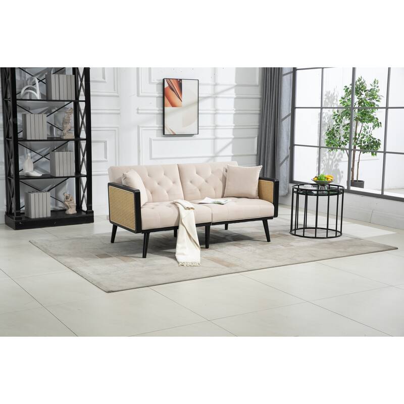 Loveseat w/ Rattan Handrail Convertible Futon Sofa Bed, Beige Bed
