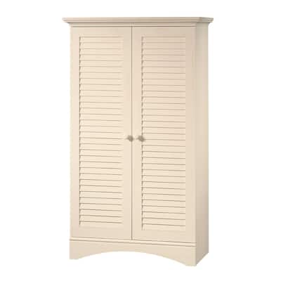 Vintage Antique White Wood Finish Wardrobe Armoire Storage Cabinet with Louver Doors - 35.4"W x 16.8"D x 61"H