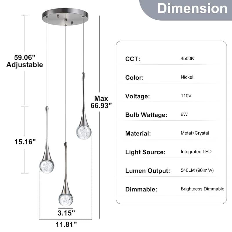 Starsky 3-Light LED 4500K Teardrop Crystal Cluster Pendant