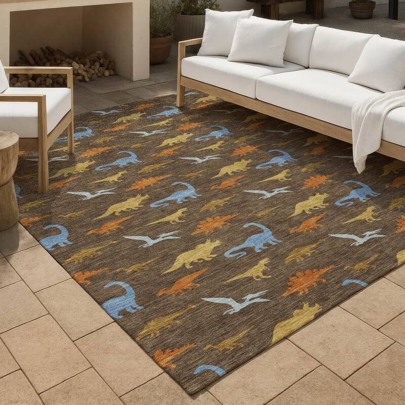 Machine Washable Indoor/ Outdoor Modern Dinosaur Chantille Rug - Chocolate - 8' x 10'