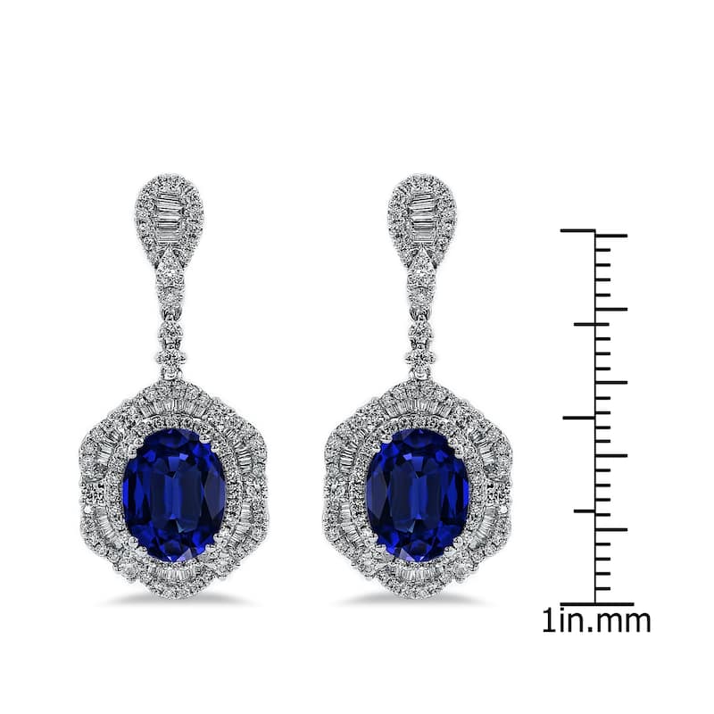 Auriya Fancy 5 9/10ct Royal Blue Sapphire Oval and 2 1/3ctw Halo Diamond Dangle Earrings 18K Gold