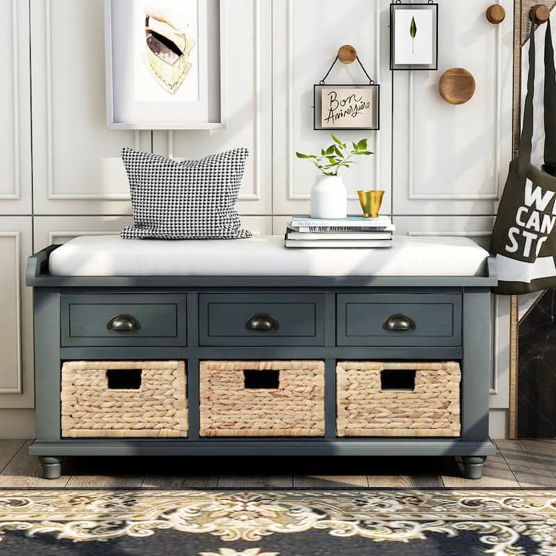 Wood Shoe Storage Bench with 6 Drawers(3 Rattan Front Pane) Entryway Shoe Bench End of Bed Bench with Removable Cushion - Antique Navy