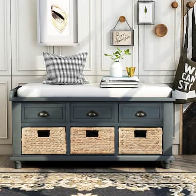 Wood Shoe Storage Bench with 6 Drawers(3 Rattan Front Pane) Entryway Shoe Bench End of Bed Bench with Removable Cushion