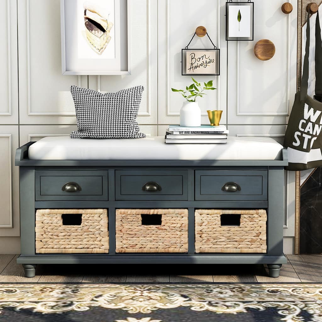 Wood Shoe Storage Bench with 6 Drawers(3 Rattan Front Pane) Entryway Shoe Bench End of Bed Bench with Removable Cushion