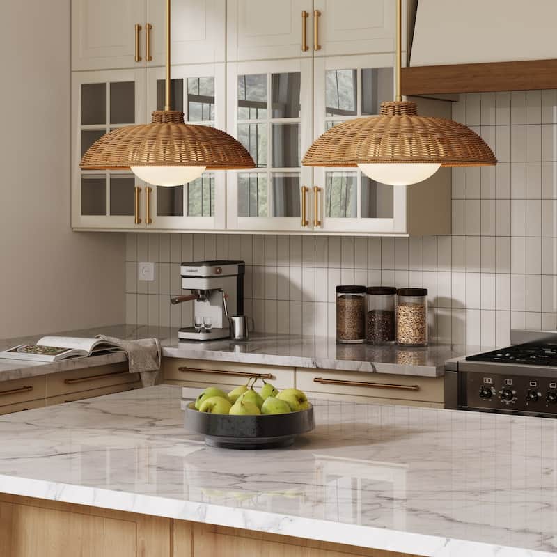 Belleville Boho Rattan Pendant Light with Shade and Glass Diffuser