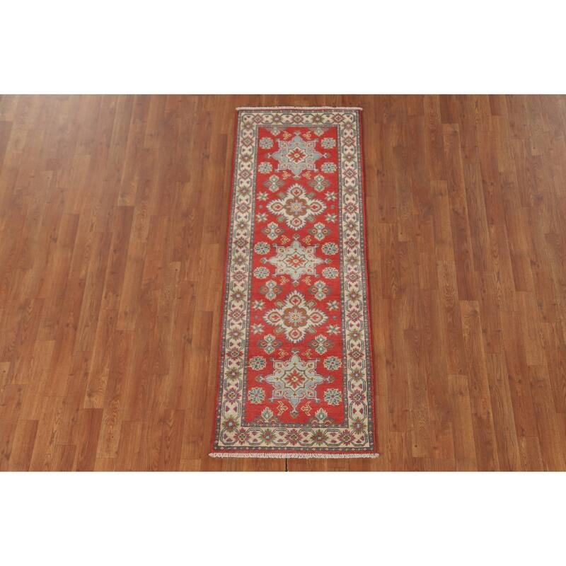 Geometric Kazak Runner Rug Hand-Knotted Traditional Red Wool Carpet - 2'1" x 5'10"