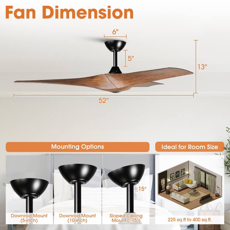 52-inch Nautical Walnut 3-Blade Propeller Ceiling Fan with Remote for Patio