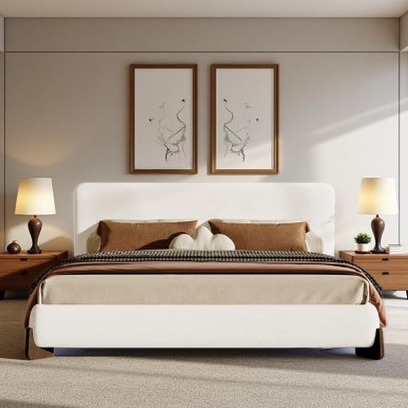 King Bouclé Upholstered Bed with Solid Wood Legs, Sturdy Platform Frame & Luxurious White Fabric Design
