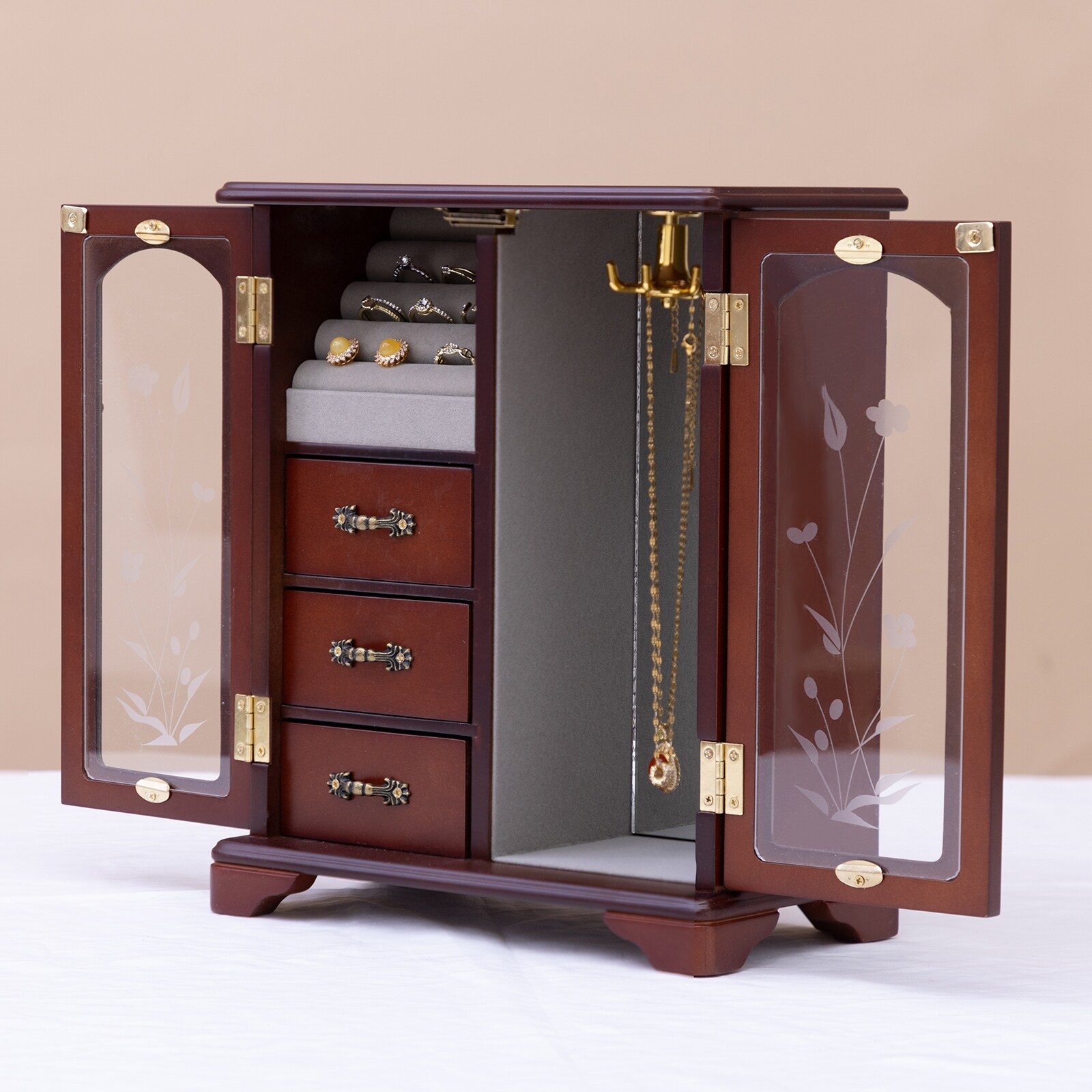 Stufurhome Solid Wooden Jewelry Box with 3-Drawers Built-in