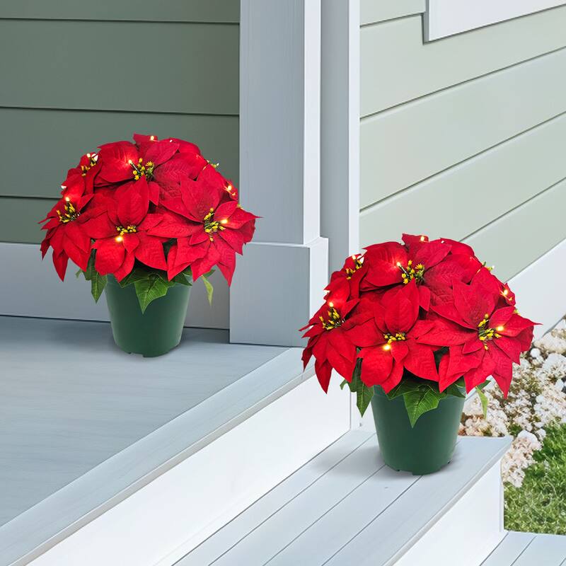 Puleo International 19" Pre-Lit Battery-Operated Artificial Potted Red Poinsettias